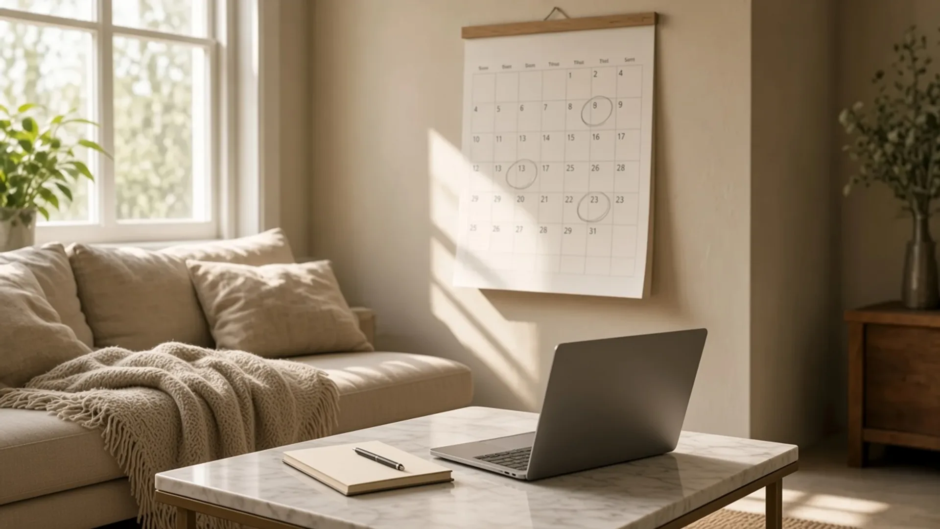 A sunlit living room with a laptop open on a coffee table, screen angled away, a closed notebook and pen beside it, and a wall calendar softly out of focus. No faces, no logos.