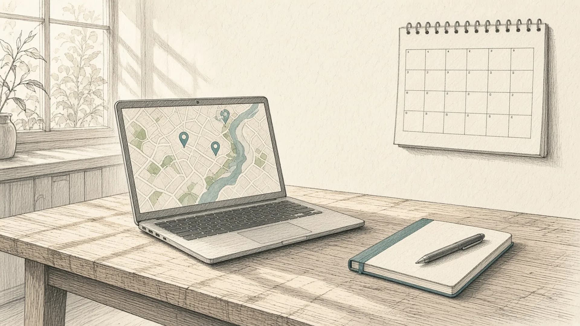 Illustrated editorial card: a laptop on a table showing a simple map, beside a wall calendar and a closed notebook. No faces, no readable text, no logos.
