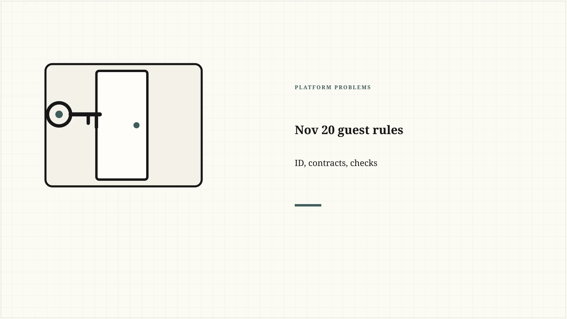 Illustrated editorial card: a line-drawn key beside a simple door, with the words Platform Problems, Nov 20 guest rules, and ID, contracts, checks. No faces and no logos.