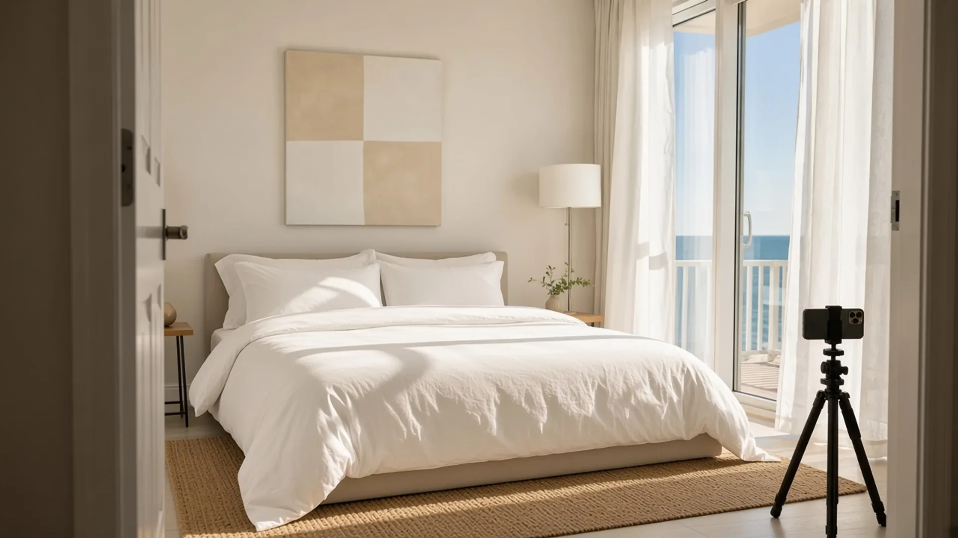A freshly prepared guest bedroom in morning light, with a crisp white bed, open curtains, and a phone on a small tripod at the edge of the frame. No faces, no logos.