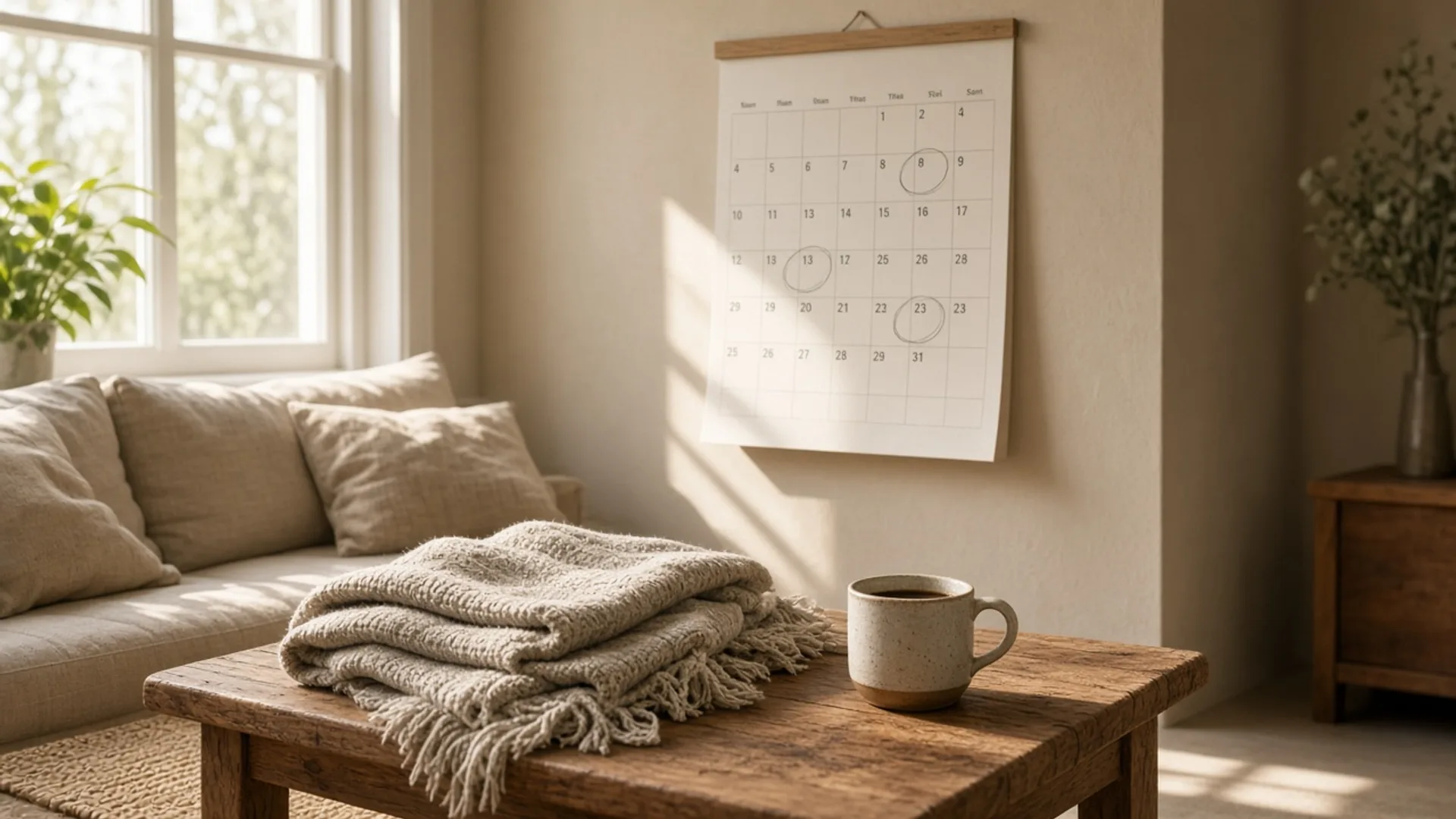 A wall calendar in a cozy, sunlit living room with a few dates circled. A folded throw blanket and a mug sit on the coffee table. No people's faces, no platform logos.