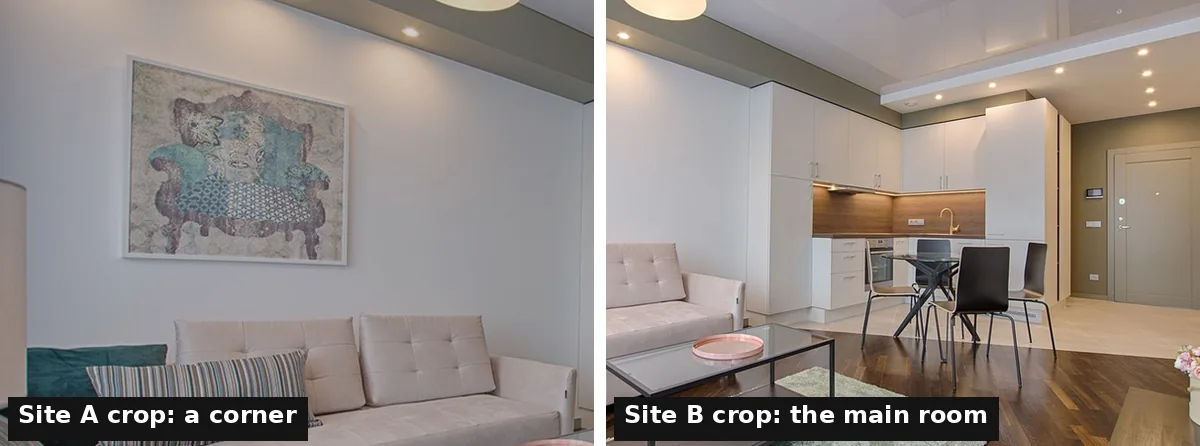 The same cover photo cropped two ways. Left is a darker crop of a wall corner and art; right is a crop showing the sofa, kitchen and open room.