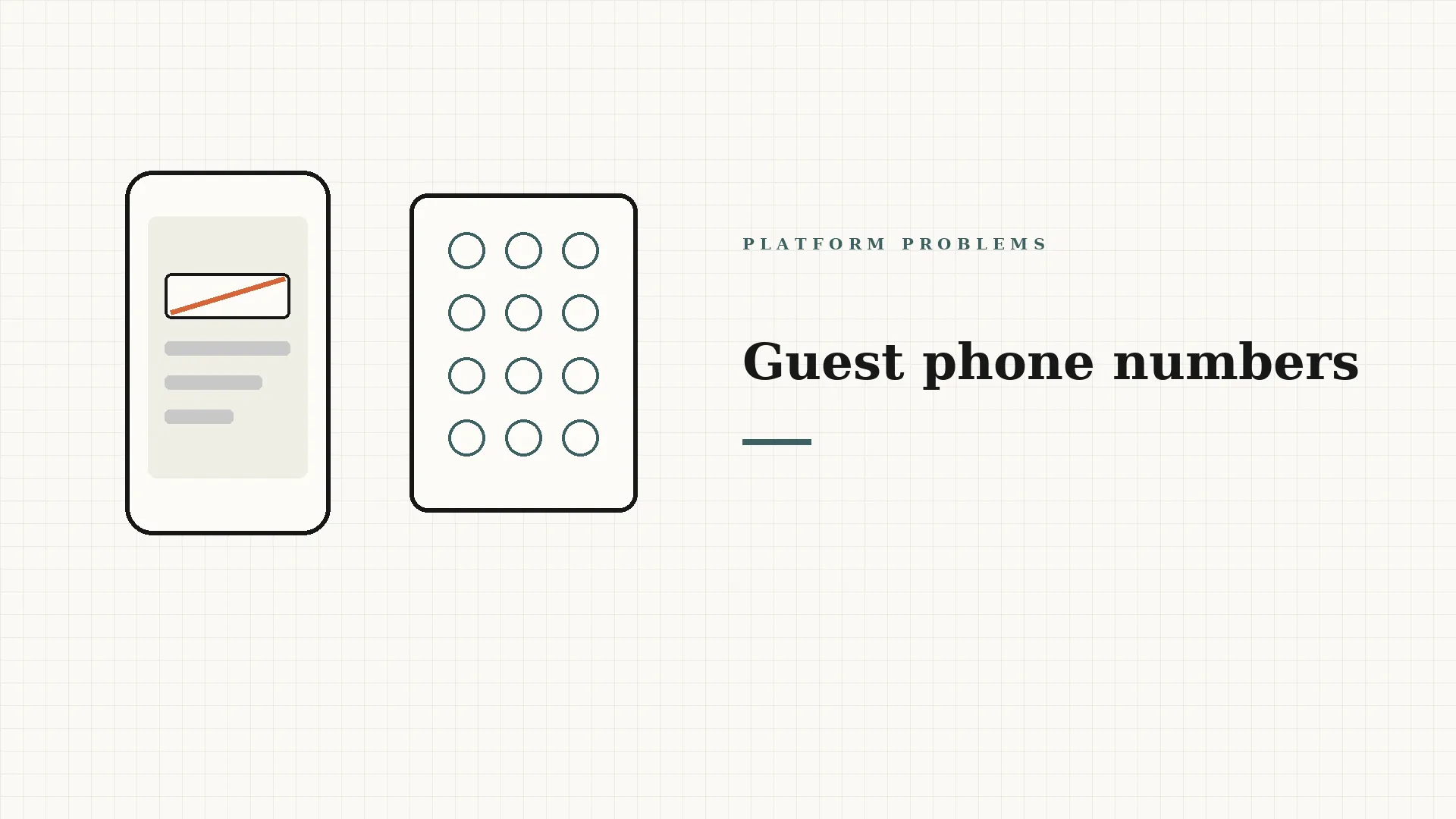Illustrated editorial card: a line-drawn phone with a crossed-out number field beside a keypad lock, with the words Platform Problems and Guest phone numbers. No faces and no logos.
