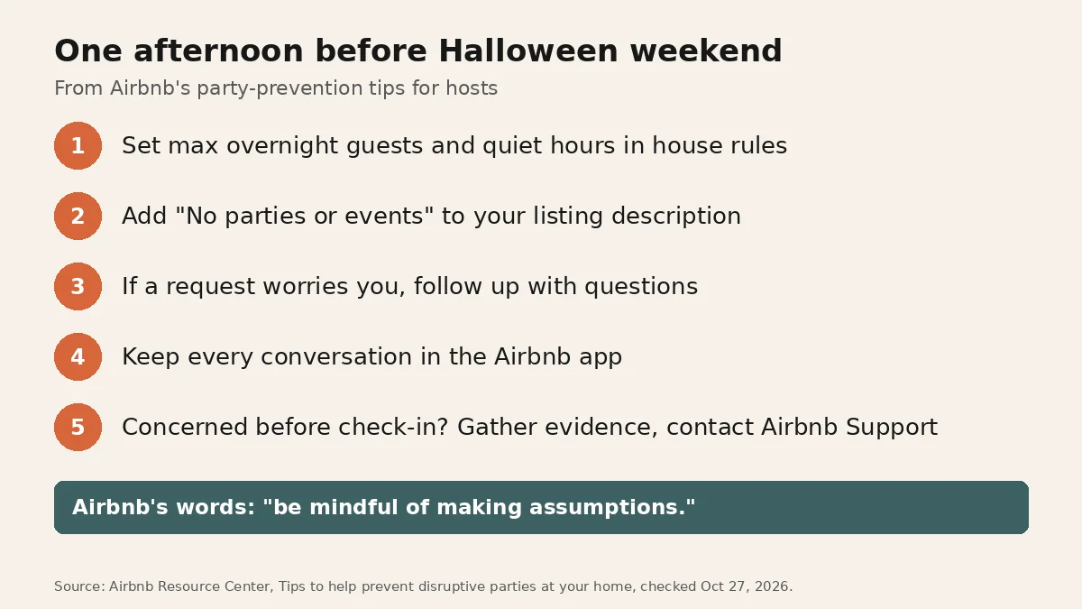 Checklist titled One afternoon before Halloween weekend, from Airbnb's guidance. One: set max overnight guests and quiet hours in house rules. Two: add No parties or events to your description. Three: ask clear questions if a request worries you. Four: keep every message in the Airbnb app. Five: gather evidence and contact Airbnb Support before check-in. A banner says be mindful of making assumptions.