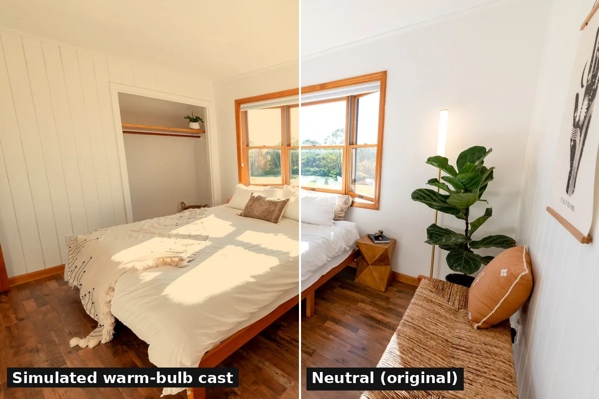 The same bright bedroom split down the middle. The left half has a yellow-orange cast on the white walls and duvet; the right half shows them white.