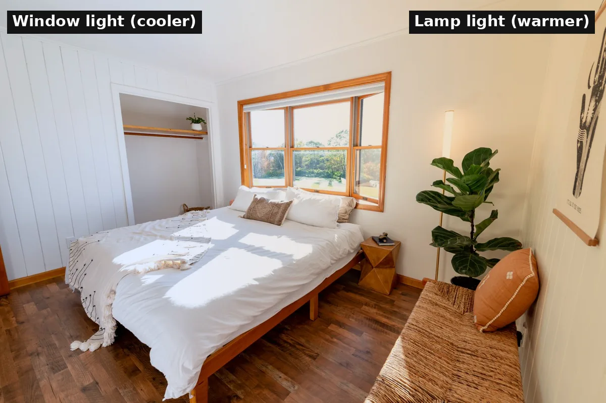 Bedroom photo with a cooler left side by the window and a warmer, amber right side by the floor lamp.
