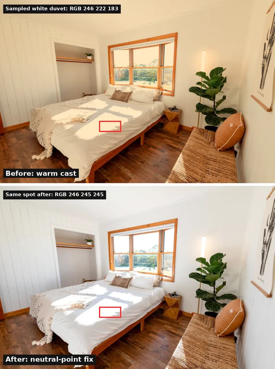 Bedroom photo shown twice. Top version is yellow with a red box on the white duvet reading RGB 246 222 183. Bottom version is neutral and the same spot reads RGB 246 245 245.