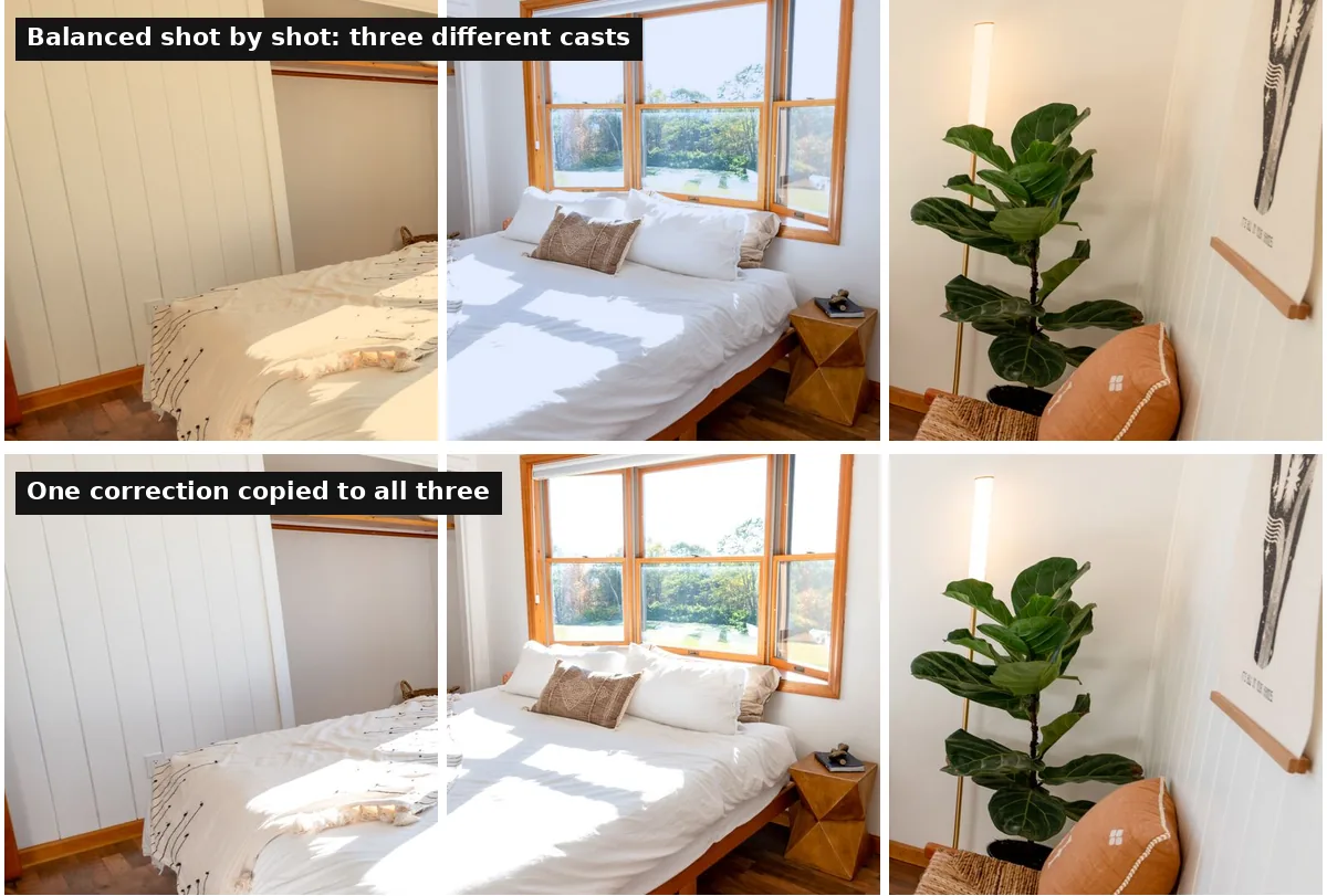 Two rows of three crops from the same bedroom. The top row shifts between yellow, blue and orange; the bottom row has one matching neutral color.