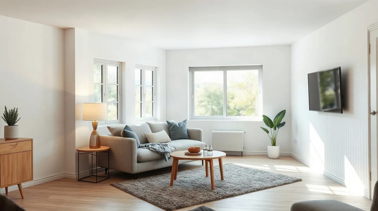 Similar living room white-balanced in neutral daylight, with true-white walls and natural wood tones.
