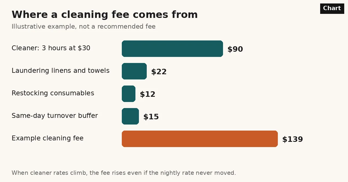 Bar chart of an example cleaning fee: cleaner 3 hours at $30 is $90, laundry $22, consumables $12, same-day buffer $15, total $139.