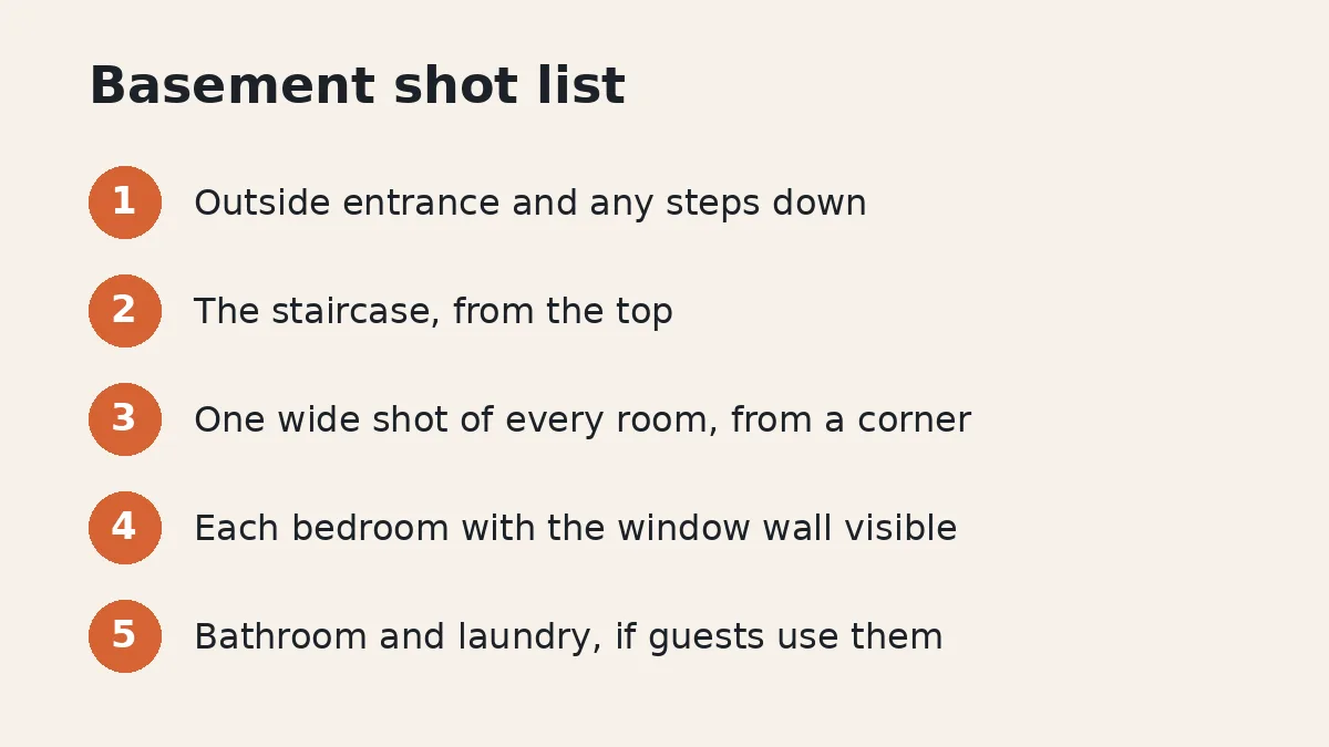 Numbered checklist titled Basement shot list: outside entrance and any steps, the staircase from the top, one wide shot of every room from a corner, each bedroom with the window wall visible, and the bathroom and laundry if guests use them.