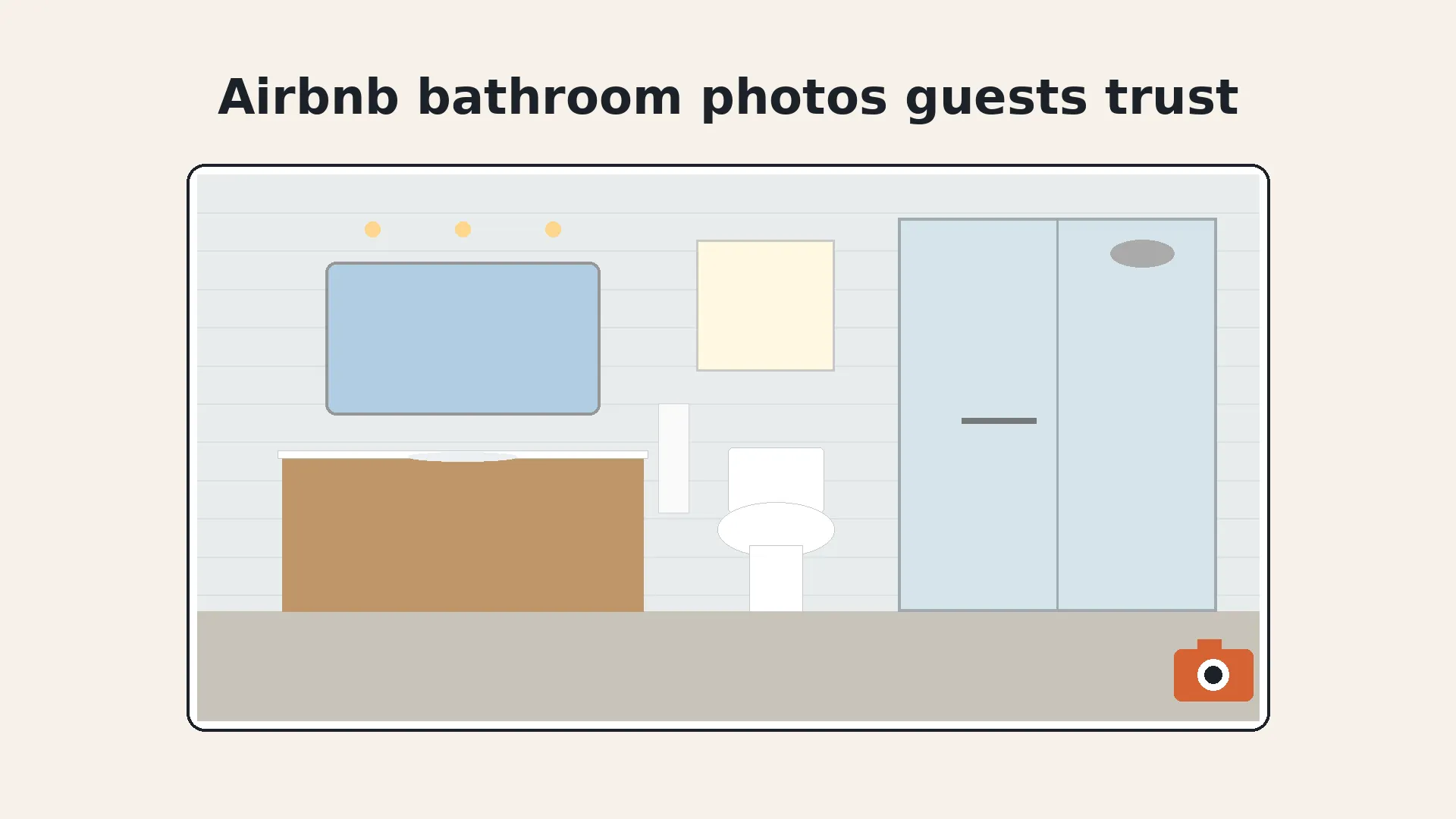 Illustrated editorial card of a clean bathroom with a vanity, mirror, toilet and glass shower, with a small camera icon in the bottom corner. No real room photo, no faces, no logos.