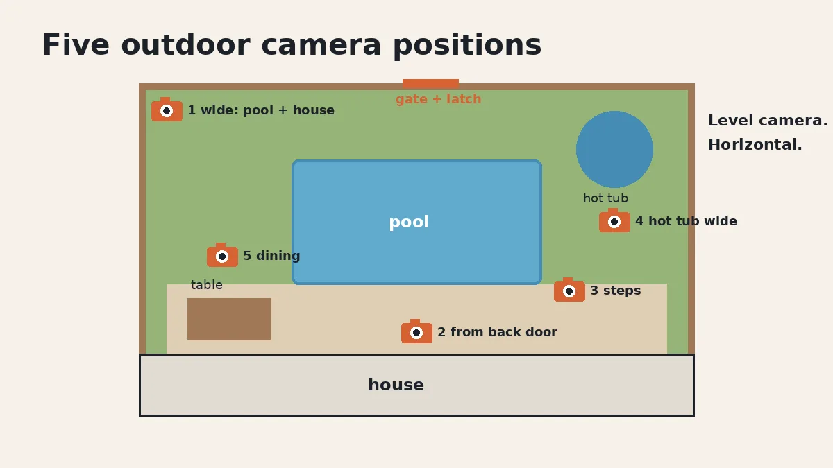 Top-down diagram of a backyard with a house along the bottom, a rectangular pool in the middle, a hot tub in one corner, a patio table near the house and a fence with a gate around the edge. Numbered camera icons mark five shooting positions.