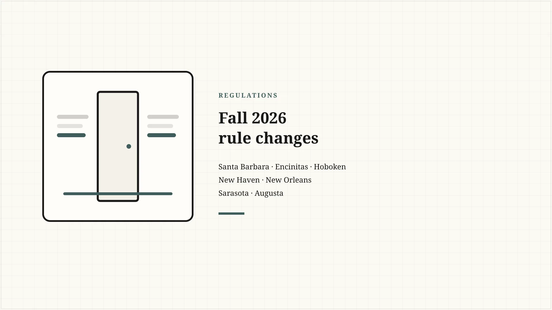 Illustrated editorial card with a line-drawn door and seven city labels for a fall 2026 rental-rule tracker. No faces and no logos.