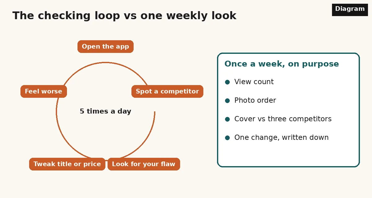 A circular loop of five steps, open the app, spot a competitor, look for your flaw, tweak title or price, feel worse, beside a weekly look with four planned checks.